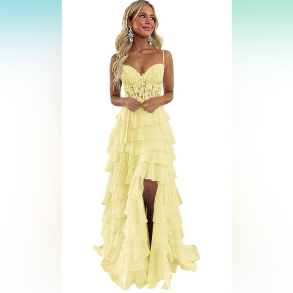 Dresses & Skirts - Elegant Yellow Lace Tiered Dress Size 12